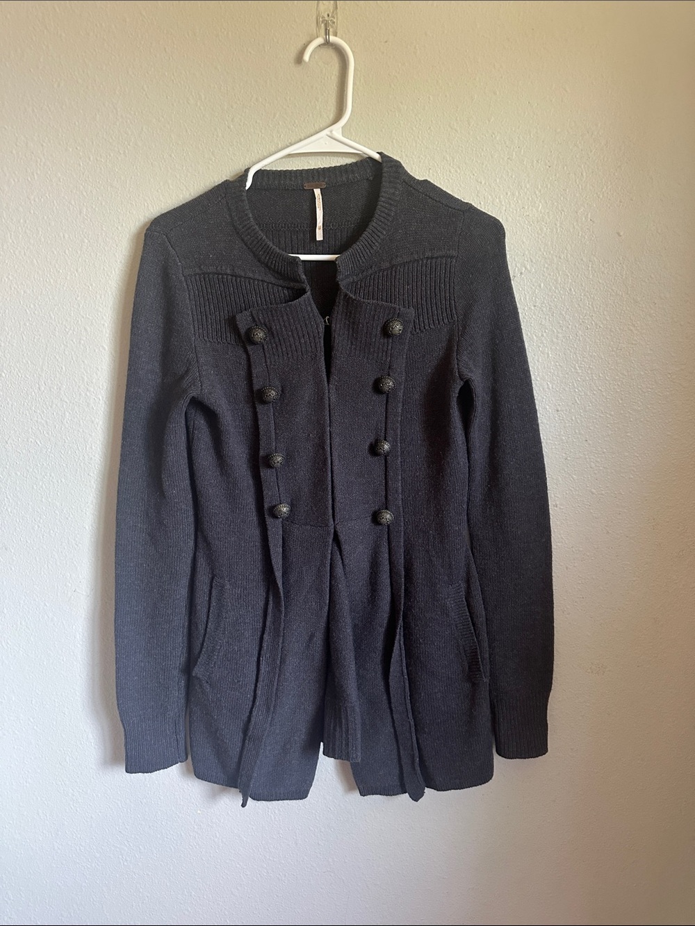 Wool Y2K Free People Double-Breasted Knit Coatigan - Dark Gray sweater